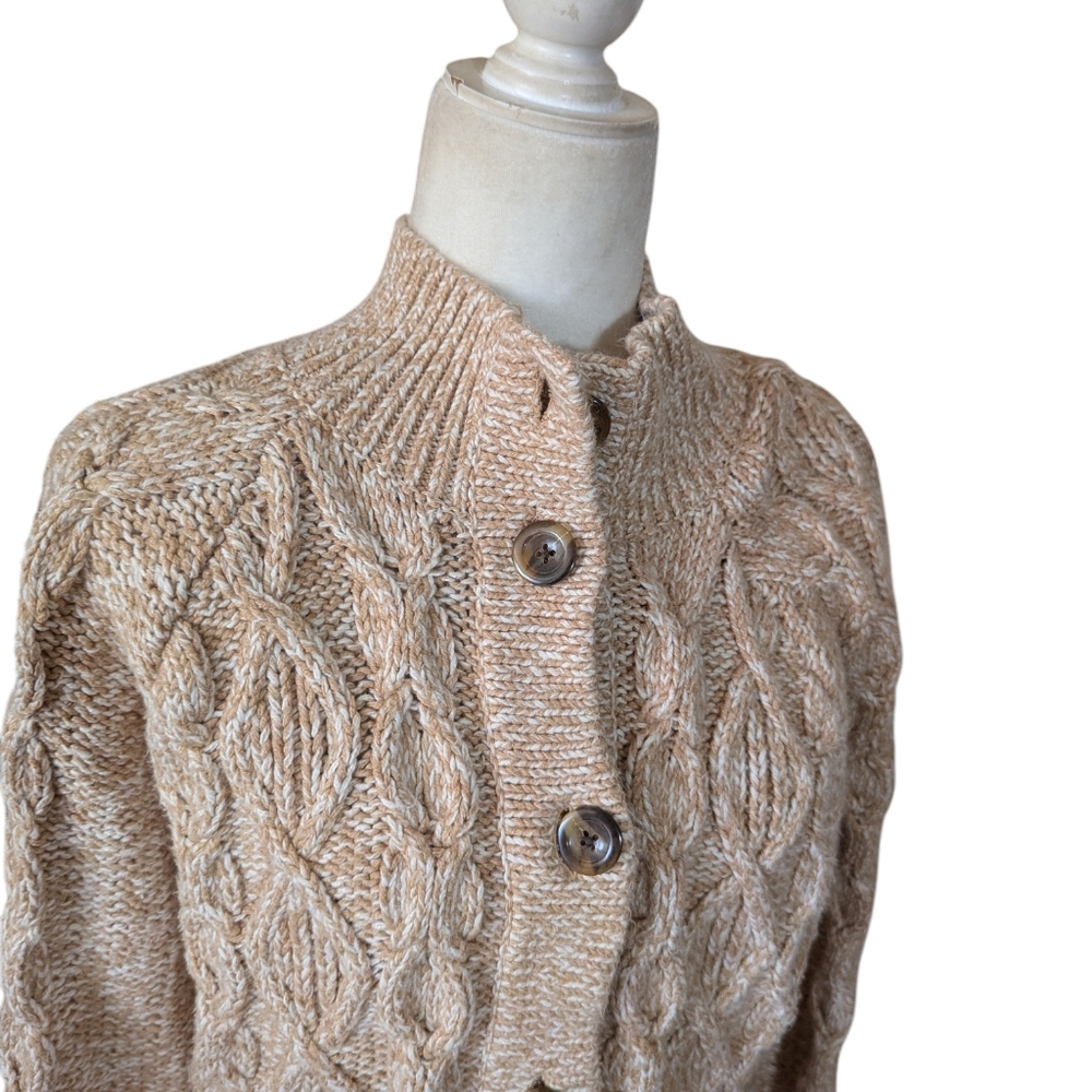 Talbots Tan Neutral Cable Knit Chunky Fisherman Preppy Classic Cardigan Sz M - Picture 3 of 9
